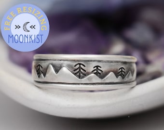 Mountain Range Wedding Band for Men, Sterling Silver Nature Ring, Landscape Wedding Ring, Tree Mountain Handfasting Ring | Moonkist Designs