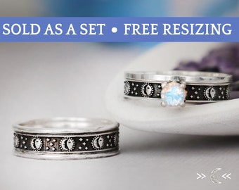 Sun and Moon Matching 3 Ring Set Silver, His and Her Eclipse Wedding Ring Set, Celestial Promise Rings for Couples | Moonkist Designs