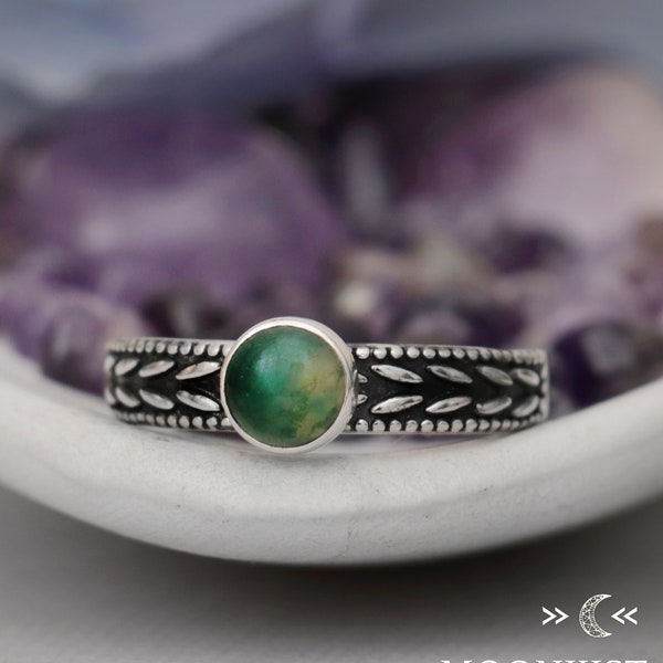 Natural Moss Agate Ring, Dendritic Moss Agate Sterling Silver Ring, Laurel Leaf Promise Ring for Women | Moonkist Designs