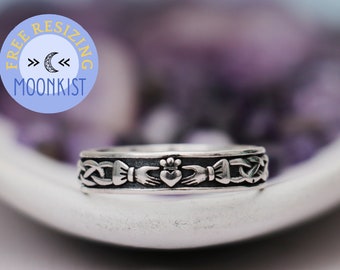 Claddagh Celtic Wedding Band for Women, Sterling Silver Claddagh Ring, Irish Wedding Band, Heart Hand Crown Ring | Moonkist Designs