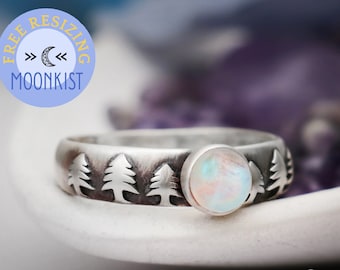 Natural Moonstone Ring for Her, Silver Rainbow Moonstone Cabochon Ring, Nature Inspired Pine Tree Promise Ring | Moonkist Designs