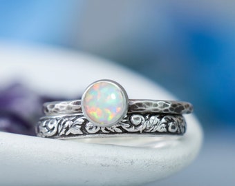 Opal Engagement Ring Set, Sterling Silver Opal Ring Set, Opal Solitaire Ring and Floral Band Ring, Opal Wedding Ring Set | Moonkist Designs