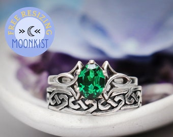 2 ct Oval Green Emerald Engagement Ring Set, Silver Irish Wedding Ring Set, Celtic Knot Engagement Ring Set for Women | Moonkist Designs