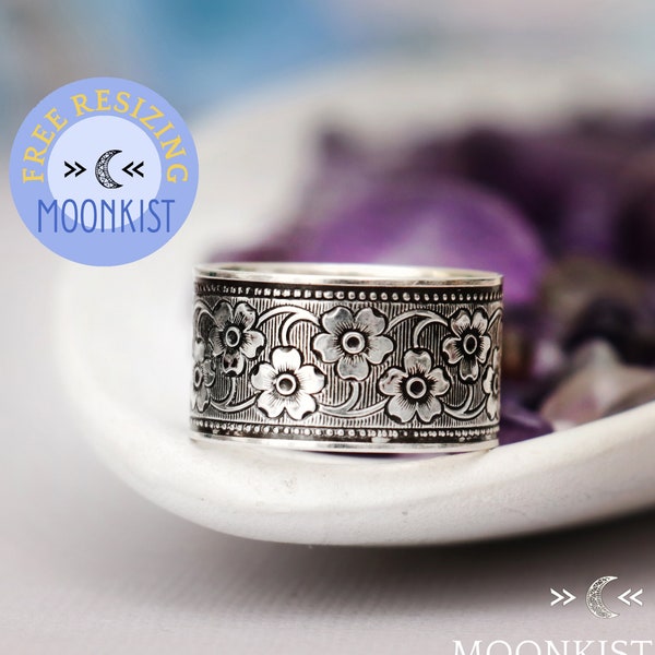 Botanical Band Ring, Sterling Silver Blossom Wedding Band, Daisy Pattern Ring, Womans Wedding Ring | Moonkist Designs