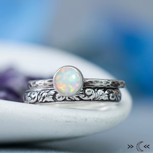 Opal Engagement Ring Set, Sterling Silver Opal Ring Set, Opal Solitaire Ring and Floral Band Ring, Opal Wedding Ring Set Moonkist Designs Opal (Lab)