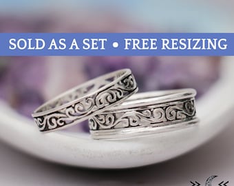 Lace Filigree Wedding Band Set, Antique Style Silver Couples Wedding Ring Set, Handmade Matching Wedding Set | Moonkist Designs