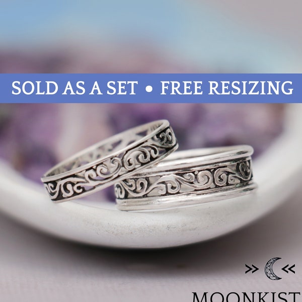 Lace Filigree Wedding Band Set, Antique Style Silver Couples Wedding Ring Set, Handmade Matching Wedding Set | Moonkist Designs