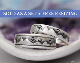 Mountain Range Wedding Band Set, Silver Modern Mountain Landscape Wedding Ring Set, Matching Couples Ring | Moonkist Designs