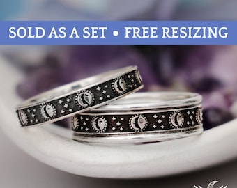 Sun and Moon Wedding Band Set, Matching His and Hers Wedding Ring Set, Eclipse Witchy Couples Promise Rings | Moonkist Designs