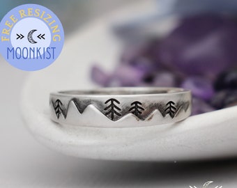 Mountain Landscape Wedding Band, Sterling Silver Mountain Ring, Mountain and Tree Nature Wedding Ring, Mens Wedding Band | Moonkist Designs