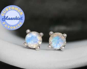 Tiny Moonstone Stud Earrings, Sterling Silver Moonstone Ear Studs, Rainbow Moonstone Earrings | Moonkist Designs