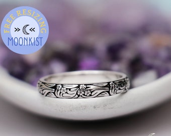 Ladies Botanical Silver Wedding Band, Antique Flower Garden Wedding Ring for Her, Engraved Floral Blossom Band Ring | Moonkist Designs