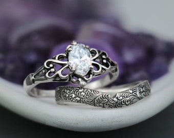 Vintage Style Filigree Engagement Ring for Women, Fern Nature Wedding Ring Set, Sterling Silver Diamond Alternative  | Moonkist Designs