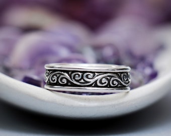 Vintage Style Mens Wedding Band, Sterling Silver Elven Wedding Ring, Art Nouveau Wedding Band for Women | Moonkist Designs