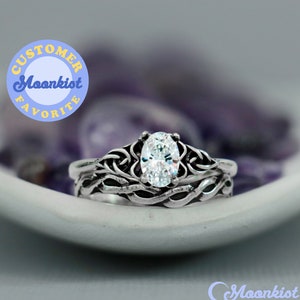 Dainty Celtic Engagement Ring Set, Sterling Silver Celtic Bridal Set, Viking Wedding Ring Set | Moonkist Designs