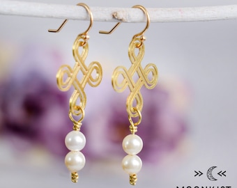 Lightweight Knot Pearl Dangle Earrings, Gold Celtic Knot Drop Earrings, Genuine Freshwater Pearl Earrings for Women | Moonkist Designs