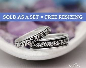 Nature Matching Wedding Band Set, His and Hers Couple Rings Set, Handmade Wedding Ring Set, US Size 2 - 16 | Moonkist Designs