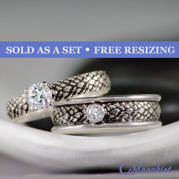 Matching Dragon Scales Rings, Dragon Engagement Rings for Couple, Fantasy Couple Rings | Moonkist Designs