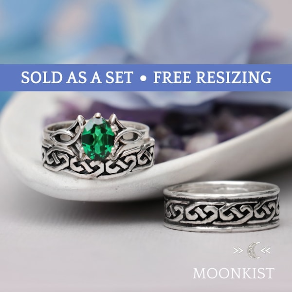 Celtic His and Hers Wedding Ring Set, Celtic Knot Couples Matching 3 Ring Set, Unique Handmade Viking Wedding Band Set | Moonkist Designs