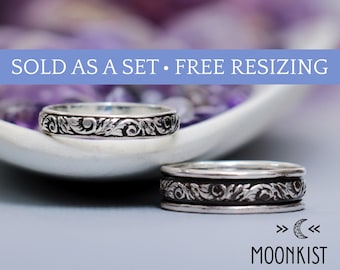 Narrow and Wide Couple Rings, Vine Wedding Band Set, Sterling Silver Matching Wedding Rings, His and Her Wedding Bands | Moonkist Designs
