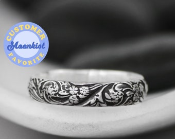 Wildflower Wedding Ring, Sterling Silver Floral Wedding Band, Botanical Ring, Nature Inspired Ring for Women | Moonkist Designs