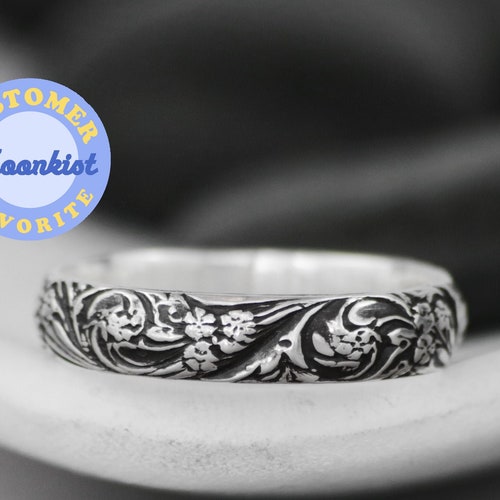 Floral Pattern Ring Sterling Silver Wedding Band Embossed Etsy