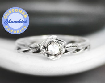 Moissanite Rose Engagement Ring Set & Twist Vine Ring, Sterling Silver Nature Inspired Wedding Ring Set | Moonkist Designs