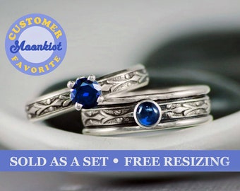 Blue Sapphire Couple Rings, Sterling Silver Couple Matching Ring Set His and Hers, Handmade Unique Promise Rings | Moonkist Designs