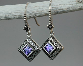 SALE- Antique Silver Amethyst Dangle Earrings, Princess Cut Amethyst Drop Earrings, Sterling Silver Victorian Earrings | Moonkist Designs