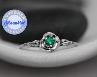 Dainty Emerald Promise Ring, Sterling Silver Rose Engagement Ring, Emerald Flower Ring, May Birthstone Ring for Her | Moonkist Designs