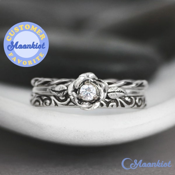 Conjunto de anillos de compromiso de flores de tres anillos, conjunto de bodas de plata de ley, conjunto de anillos de compromiso de rosas / diseños Moonkist