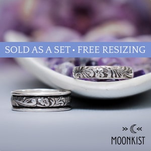 Sterling Silver Matching Flower Couple Rings, Couple Wedding Bands, Floral Wedding Band Set, Promise Rings For Couples | Moonkist Designs