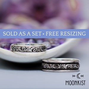 Narrow and Wide Couple Rings, Vine Wedding Band Set, Sterling Silver Matching Wedding Rings, His and Her Wedding Bands | Moonkist Designs