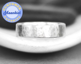 Flat Silver Band Ring, Sterling Silver Mens Wedding Ring, Hammered Wedding Band, Wide Wedding Ring, 5 mm Band | Moonkist Designs