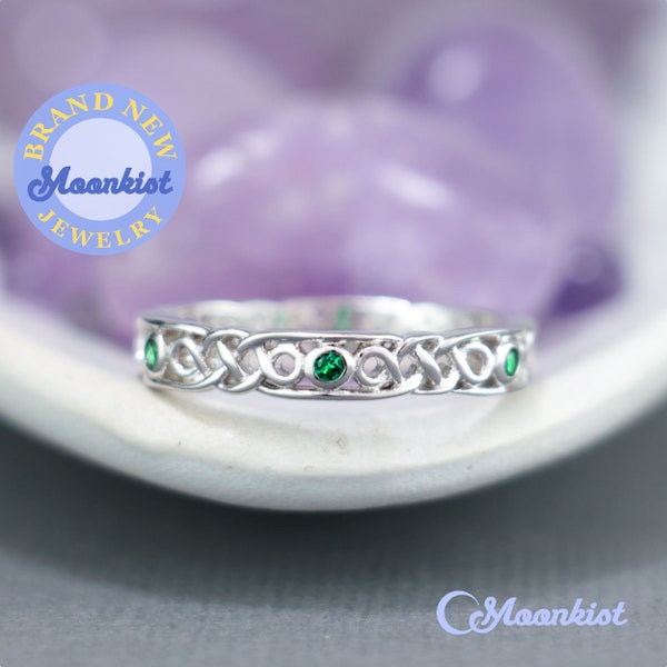 Celtic Infinity Wedding Band With Emerald Green CZ, Sterling Silver Celtic Knot Band Ring, Woven CZ Diamond Wedding Ring | Moonkist Designs