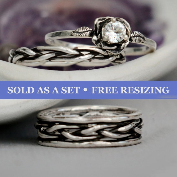 Braided 3 Ring Trio Wedding Set Bride and Groom Wedding Ring Set