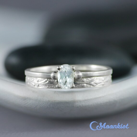 Dainty Engagement Ring Set, Sterling Silver Oval Engagement Ring