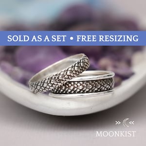 Dragon Wedding Band Set, Matching Rings for Couples, Sterling Silver Wedding Ring Set, His and Her Couple Dragon Rings | Moonkist Designs