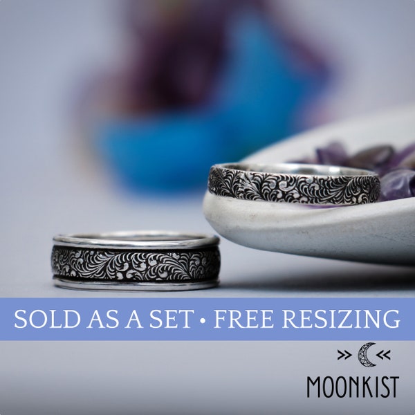 Nature Wedding Ring Set His and Hers, Sterling Silver Matching Wedding Band Set, Silver Commitment Rings, Couples Ring | Moonkist Designs