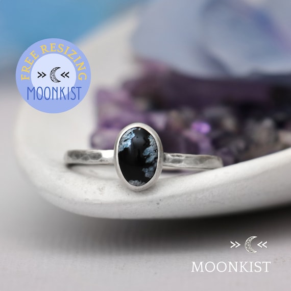 Oval Snowflake Obsidian Promise Ring Sterling Silver Obsidian