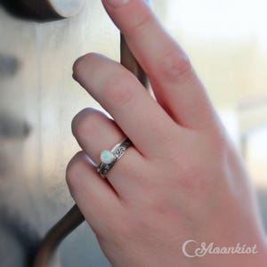 Hand Picture - Opal Engagement Ring Set, Sterling Silver Opal Ring Set, Opal Solitaire Ring and Floral Band Ring, Opal Wedding Ring Set | Moonkist Designs