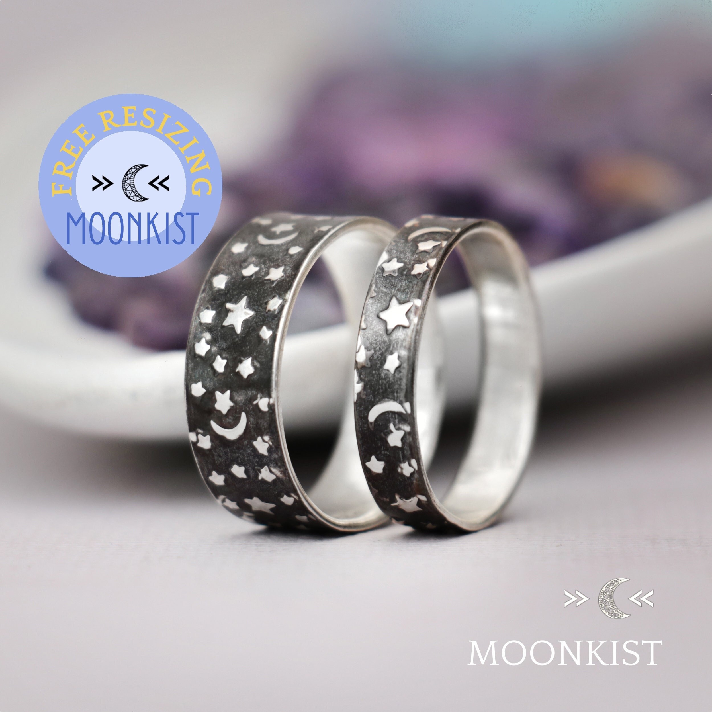 Moon and Stars Wedding Ring Set for Him and Her, Black Wedding