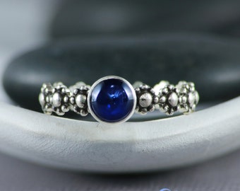 Daisy Promise Ring for Her, Sterling Silver Gemstone Flower Ring, Blue Sapphire Cabochon Ring, Botanical Ring | Moonkist Designs