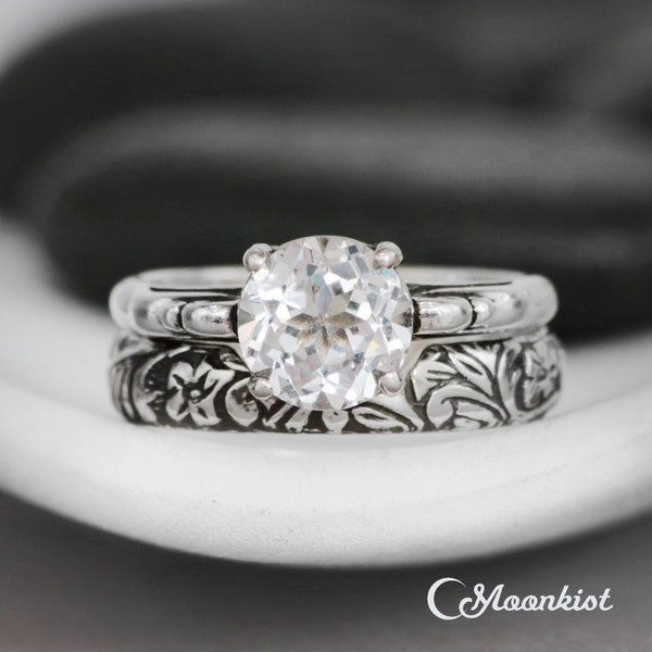 Vintage Style White Sapphire Wedding Ring Set, Sterling Silver Sapphire Engagement Ring Set, Diamond Alternative Ring | Moonkist Designs