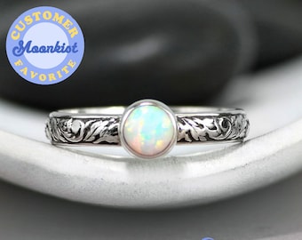 Opal Engagement Ring, Sterling Silver Opal Ring, Floral Ring, October Birthstone Ring, Opal Promise Ring, Dainty Ring | Moonkist Designs