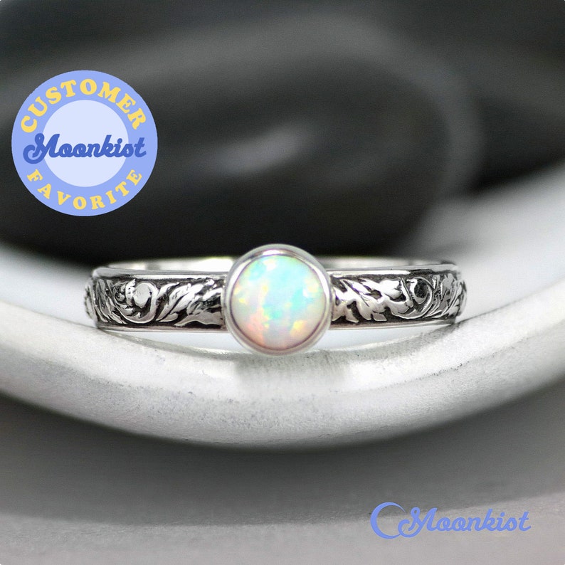 Opal Engagement Ring, Sterling Silver Opal Ring, Floral Ring, October Birthstone Ring, Opal Promise Ring, Dainty Ring | Moonkist Designs 