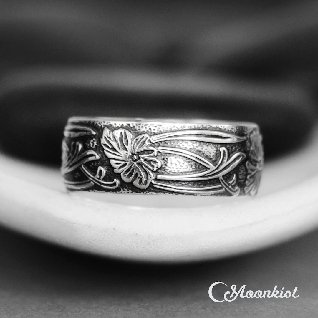 Art Nouveau Wedding Ring for Women, Sterling Silver Floral Wedding Band