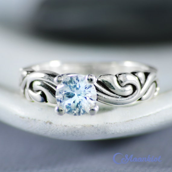Ocean Engagement Ring Sterling Silver White Sapphire Engagement