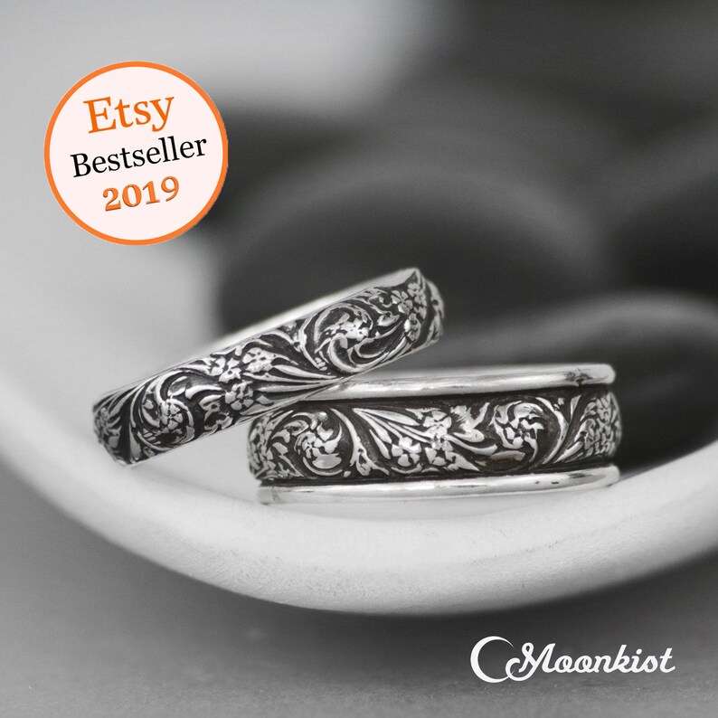 Wildflower Wedding Band Set Sterling Silver Wedding Set Etsy