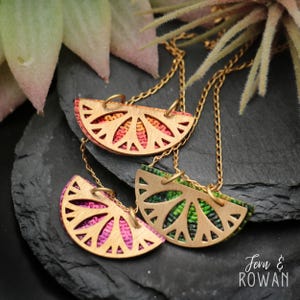 Handmade citrus fruit slice necklace, colorful art deco necklace, tropical pendant, fruit necklace, summer necklace | Moonkist Designs